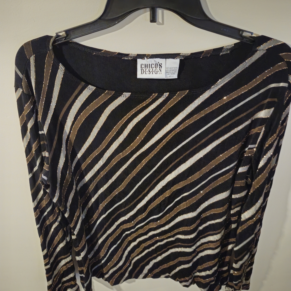 Chico's Black and Gold Diagonal Striped Long Sleeve Top